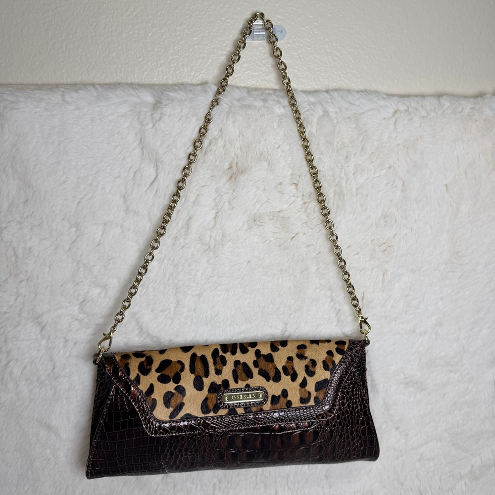 Anne Klein Leopard Print Horsehair Brown Croc Embossed Faux Leather Chain Bag